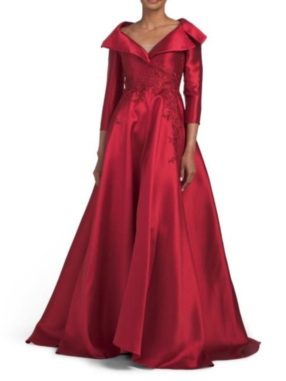 TERANI COUTURE Three-quarter Sleeve Mikado Embroidered Gown
